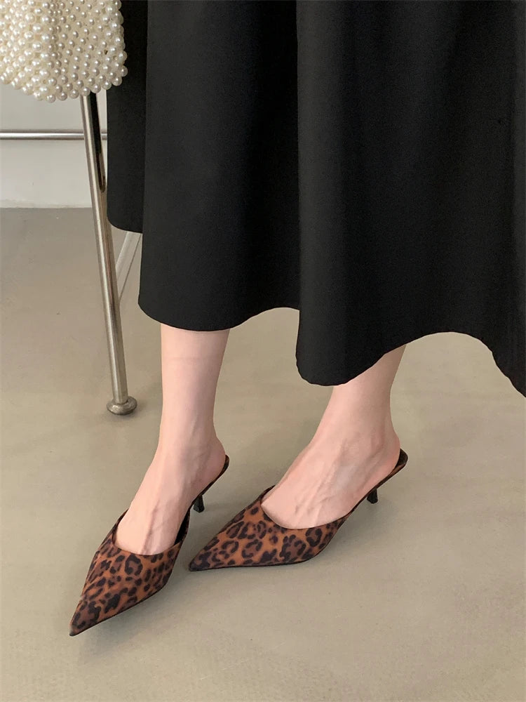 Eilyken 2025 Leopard Print Women’s Slippers — Pointed Toe Low Heel Sandal Mules for Ladies