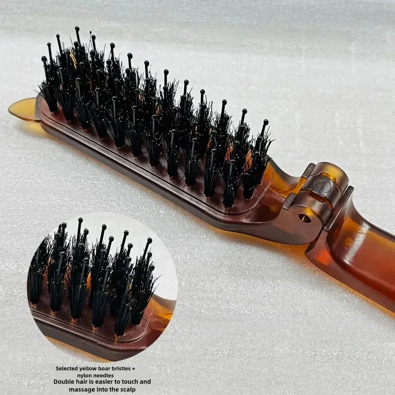 Foldable Boar Bristle Hair Comb - Portable Scalp Massager Travel Hair Brush & Styling Accessory