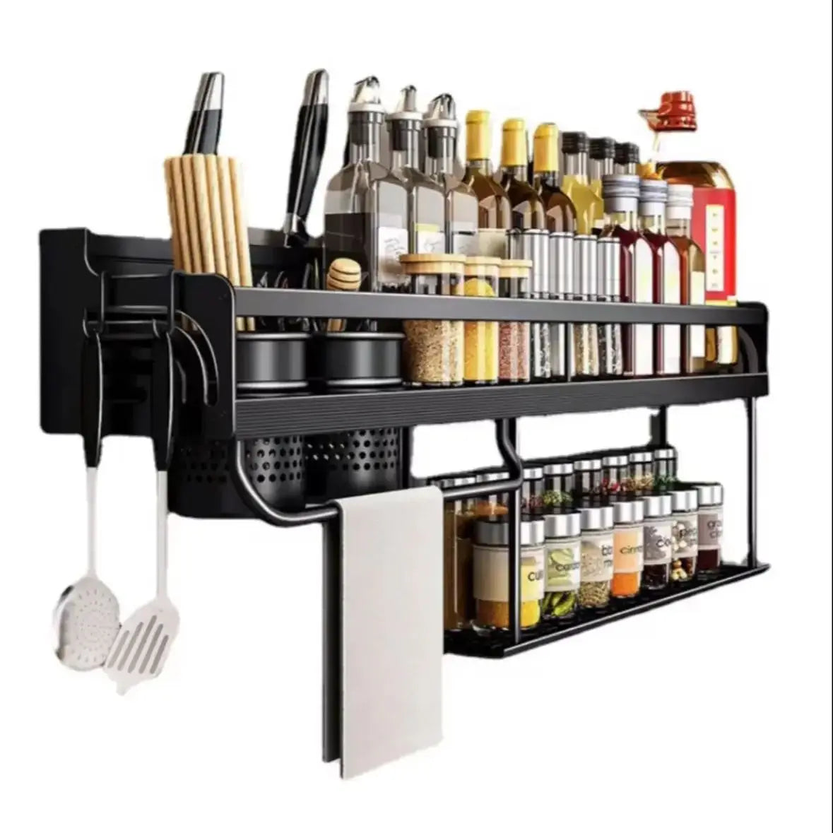 Wall-mounted Kitchen Organizer Shelf: Spice Storage Rack with Knife Holder - Seasoning Chopstick Spoon Shovel Storage