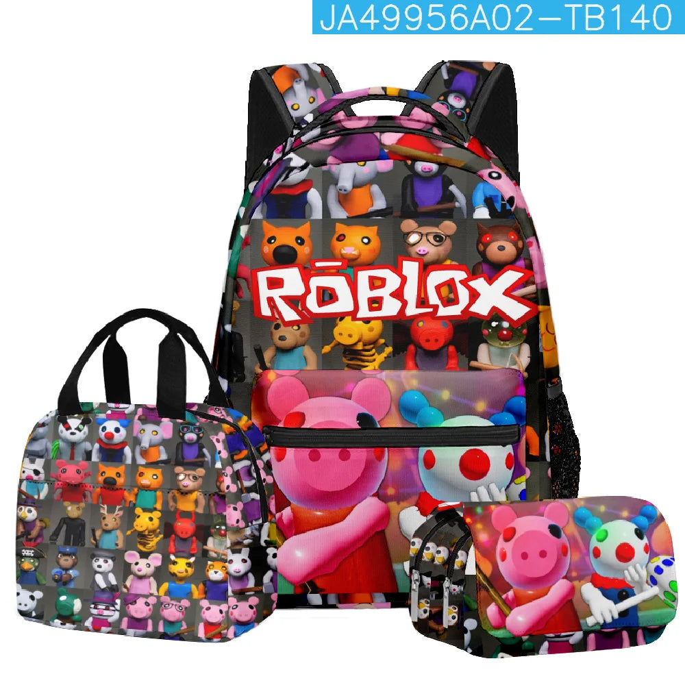 3pcs Roblox Cartoon Print Bag Set – School Backpack, Lunch Bag & Pencil Case for Students, Birthday Gift Set
