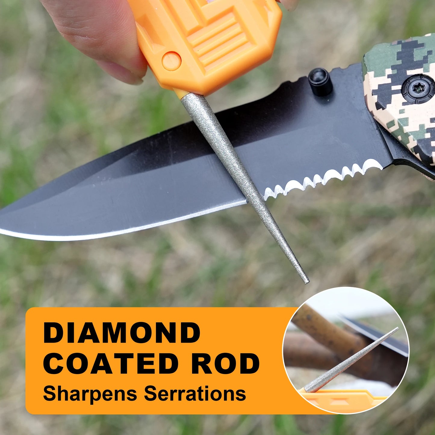 TOLESA Mini Knife Sharpener - 2-in-1 Pocket Whetstone with Diamond Rod for Outdoor and Kitchen Tools