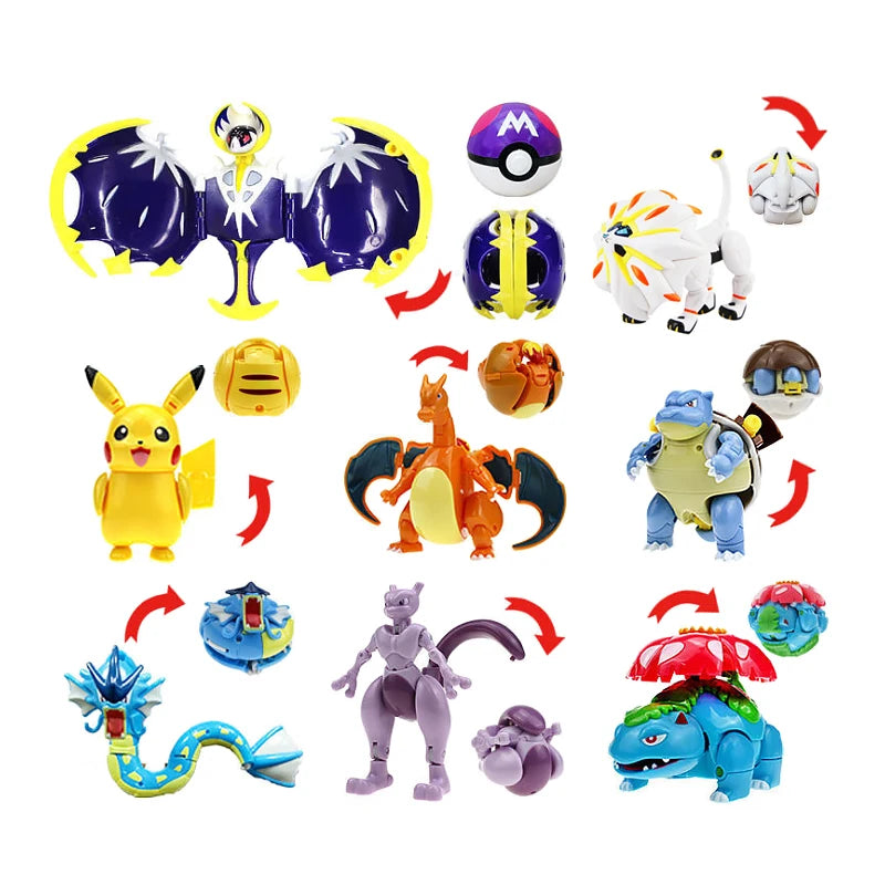 New Pokémon Action Figures – Pikachu, Charizard & Greninja Pocket Monster Poké Ball Deformation Toys for Kids Birthday Gifts