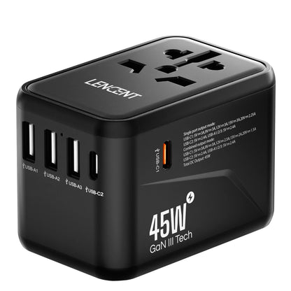 LENCENT International Travel Adapter - All-in-One Wall Charger with 3 USB Ports and 1 Type-C, for US, EU, UK, AUS Travel