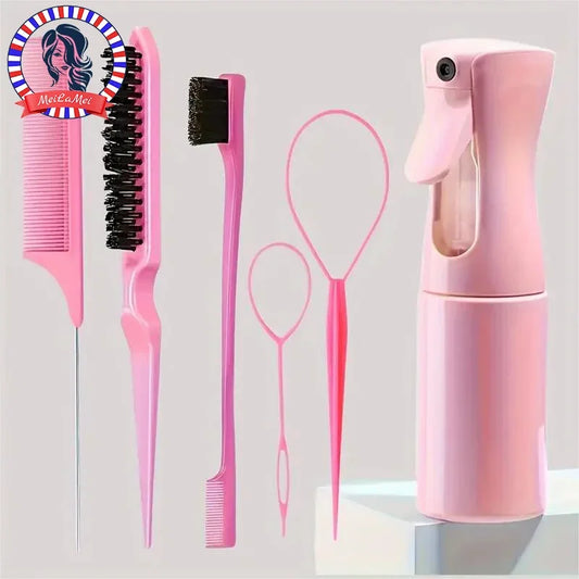 6-Piece Hair Brush Set – Hairdressing Spray Bottle, Braiding Loop, Rat Tail Comb, Teasing & Edge Control Brushes