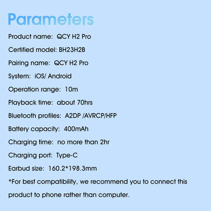 QCY H2 Pro Wireless Headphones - Bluetooth 5.3, HIFI 3D Stereo, BASS Mode Gaming Earbuds, 70H Playtime, Over-Ear Headset