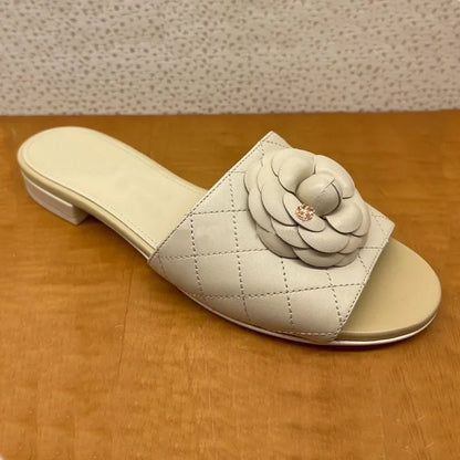 Luxury Women’s Flower Slippers — Camellia Open-Toe Slides for Home & Outdoor, Ladies Flip Flop Sandals