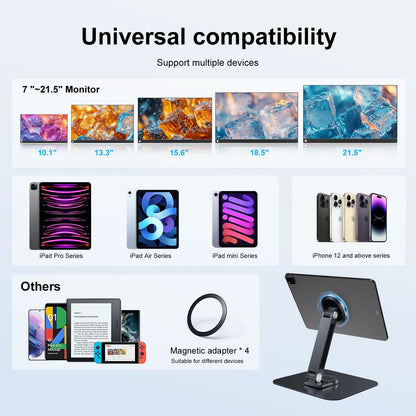 Black Magnetic 360° Rotatable Metal Stand – Stable Holder for 7–21.5" Monitors, iPad & iPhone, Supports up to 3KG