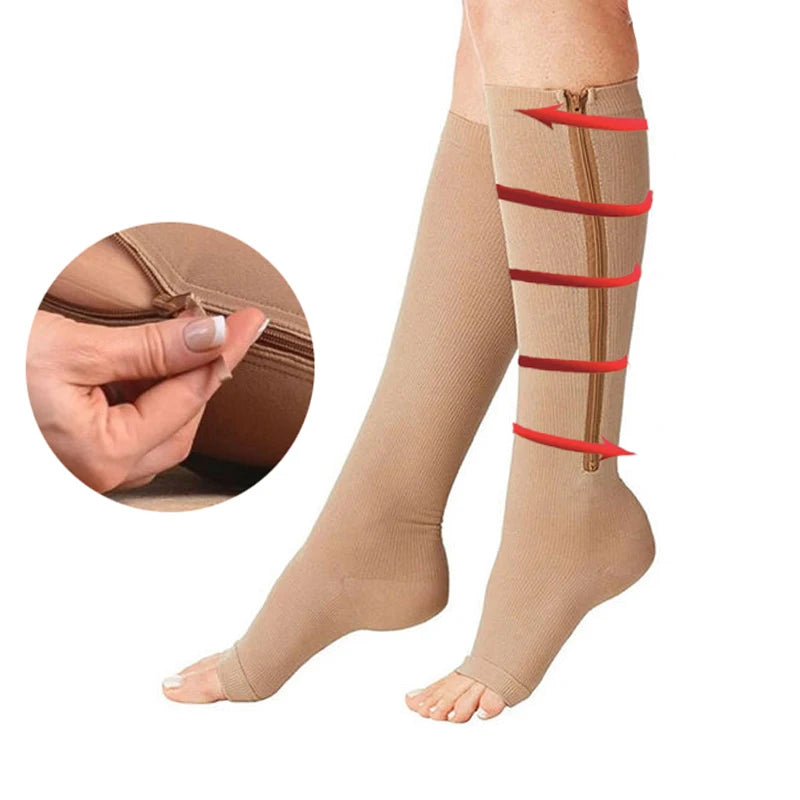 Professional Long Compression Socks with Zipper - Sports Pressure Leg Support for Women, Thick Varicose Vein Socks for Cycling