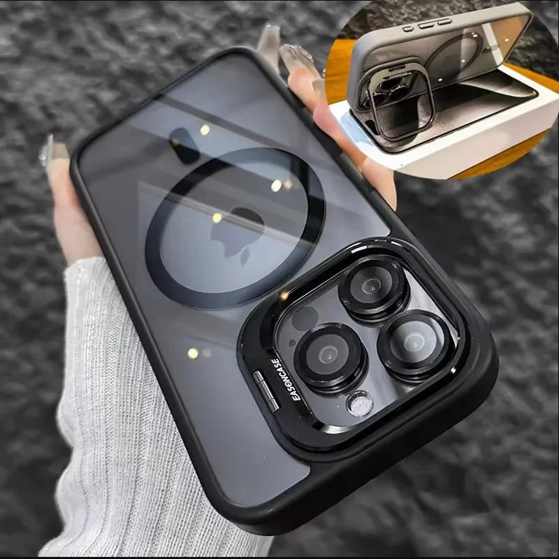 Luxury Magnetic Shockproof Phone Case - MagSafe Compatible iPhone Cover with Stand & Glass Lens Protection for iPhone 17 16 15 14 13 12 11 Pro Max