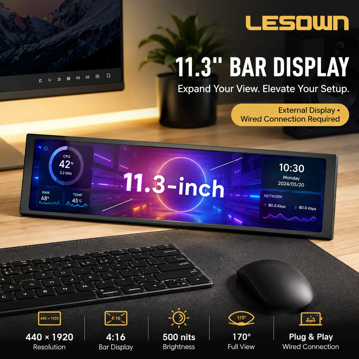 LESOWN Stretched Bar LCD Monitor - 11.3/8.8/7.9 Inch Secondary Display for PC Case, CPU, GPU & AIDA64 DIY Monitoring