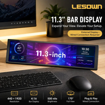 LESOWN Stretched Bar LCD Monitor - 11.3/8.8/7.9 Inch Secondary Display for PC Case, CPU, GPU & AIDA64 DIY Monitoring