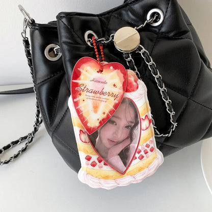 Strawberry Cake Bag Pendant - Cute Cartoon 3-Inch Card Holder & Photo Keychain Gift