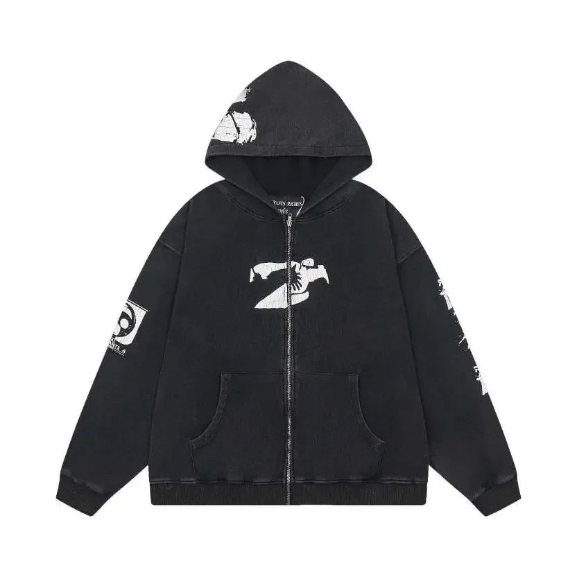 Washed Casual Hoodie Sweatshirt — Unisex Loose-Fit Street Style Crew Neck with Lip Print Letter Design, Vintage Comfortable Top