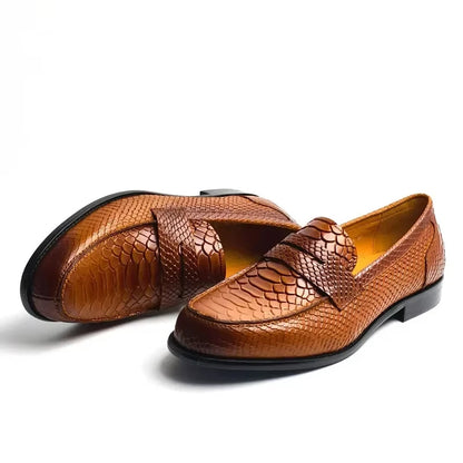 Men’s Genuine Leather Snake Print Penny Loafers - Handcrafted Slip-On Driving, Business & Formal Shoes
