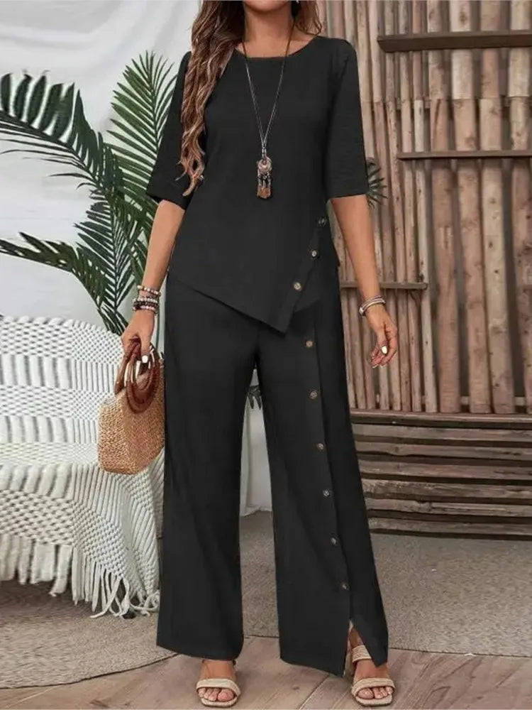Women's Irregular Hem Two-Piece Set - Elegant Short-Sleeve Button Shirt & Loose Casual Trousers Outfit
