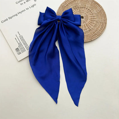 Ladies Satin Oversized Ribbon Bow Hair Clip – White, Pink, Red, Blue, Black, Long Tail Spring Clip for Ponytail Hair Accessories