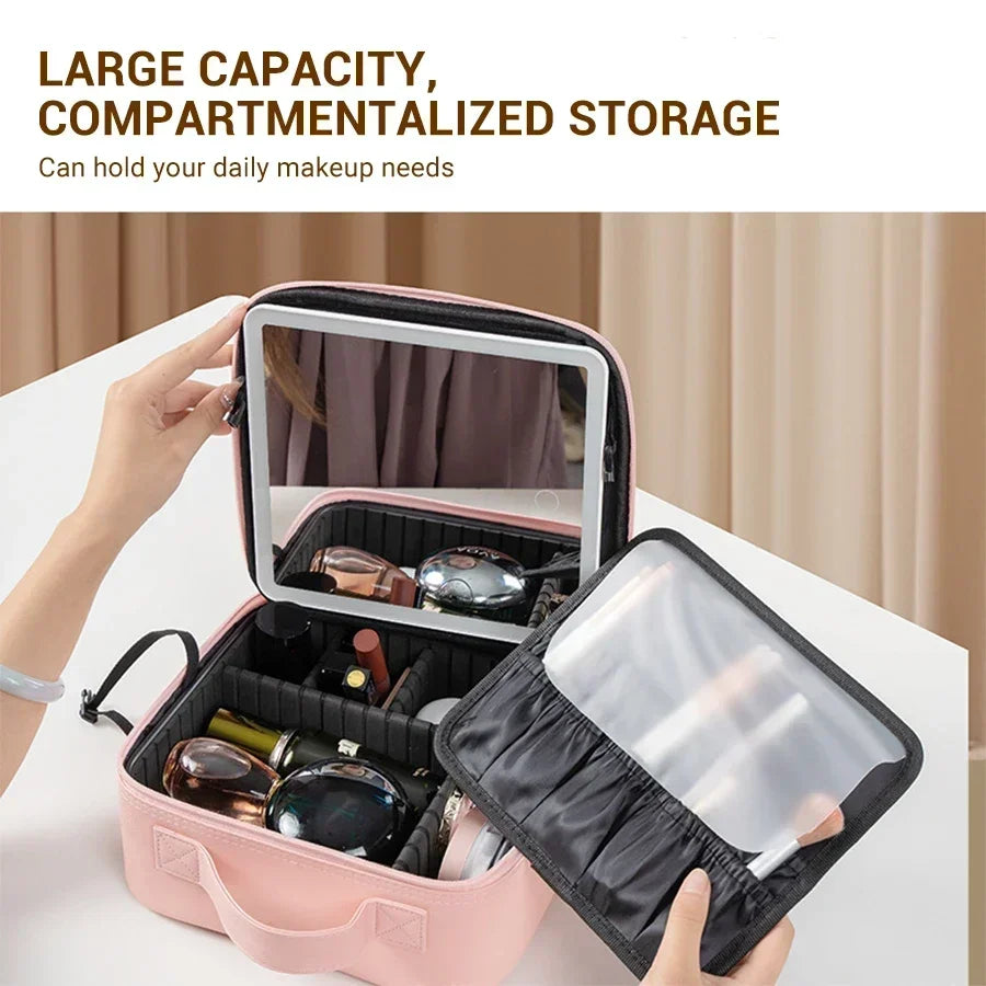 LED Lighted Cosmetic Case with Mirror - PU Leather Portable Travel Makeup Bag - Waterproof Makeup Storage