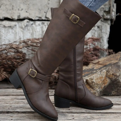 Women’s Winter High-Top Knight Boots – Side Zipper & Belt Buckle, Pointed Toe, PU Material with Cotton Lining