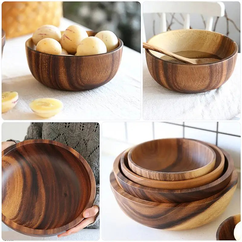 Natural Wooden Kitchen Bowl – Household Fruit & Salad Bowl with Wooden Utensils for Home & Restaurant