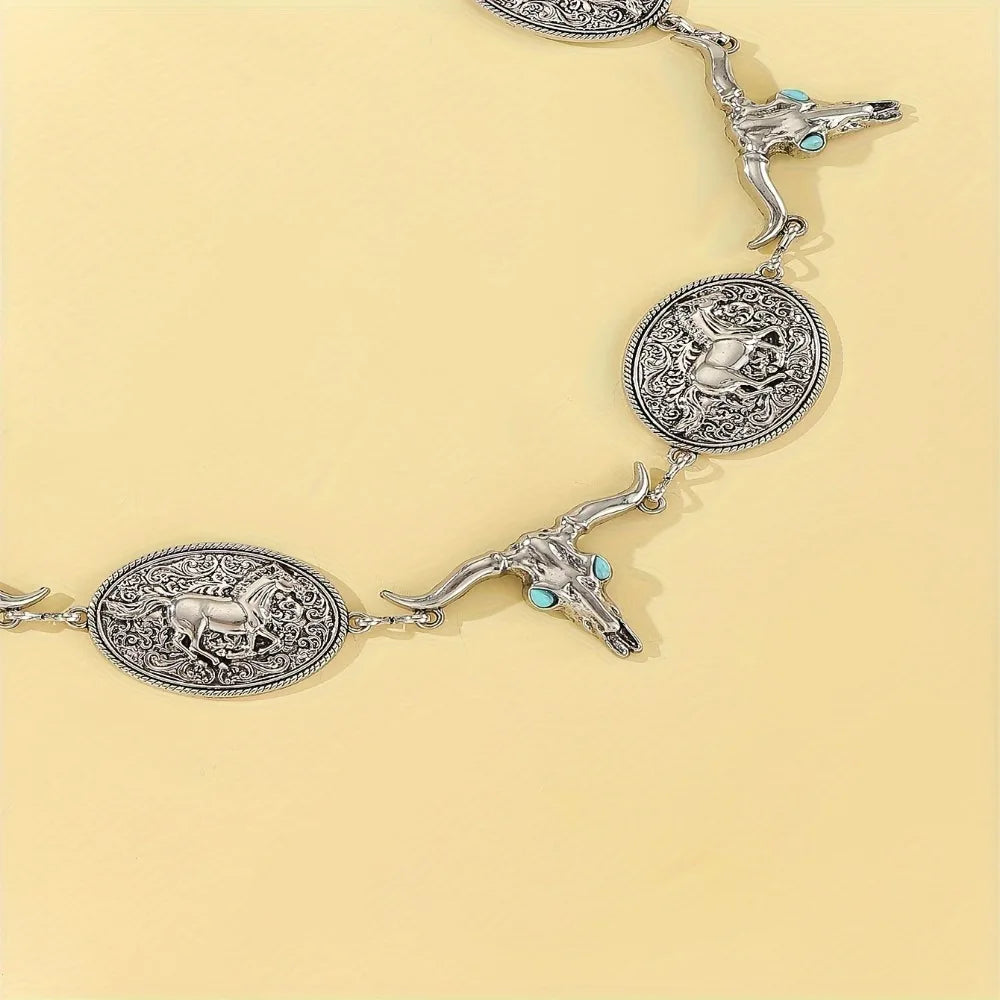 Western Horse Bull Waist Chain – Vintage Boho Adjustable Body Jewelry Belt for Women, Daily Use Dress Girdle