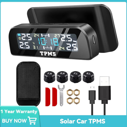 Solar Car TPMS Tire Pressure Monitoring System – 4 External Sensors with Temperature Alarm for Tyre Safety