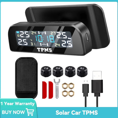 Solar TPMS Tire Pressure Monitoring System – 4-Wheel External Sensors with Temperature Alarm for Car Tyre Safety