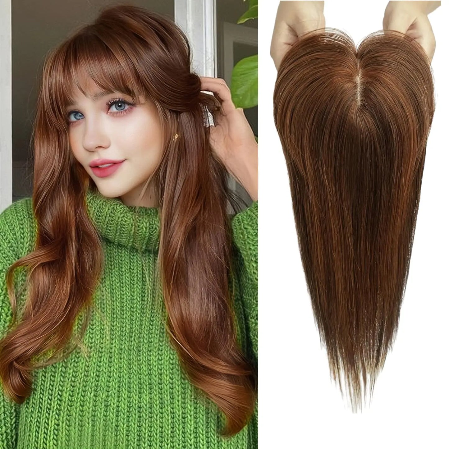 Ombre Brown Blonde Remy Human Hair Topper – 14 Inch Silk Base Clip-In Wig with Bangs for Women
