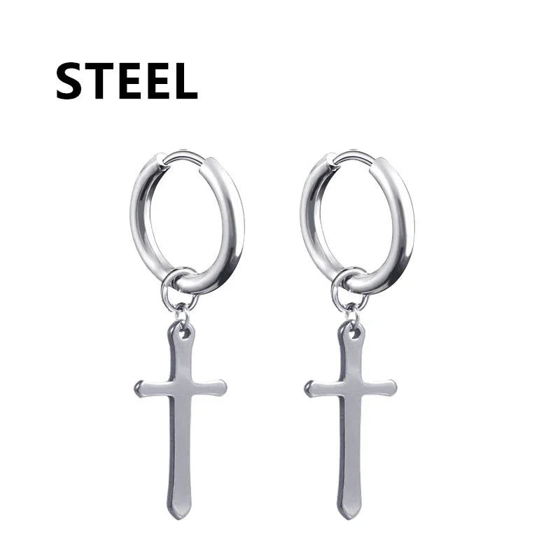 Stainless Steel Cross Star Dangle Earrings - Punk Gothic Hoop Huggie Jewelry for Men & Women