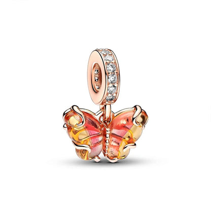 925 Silver Butterfly Dangle Charm – Blue & Yellow Glass for 3mm Original Bracelet, DIY Jewelry Gift