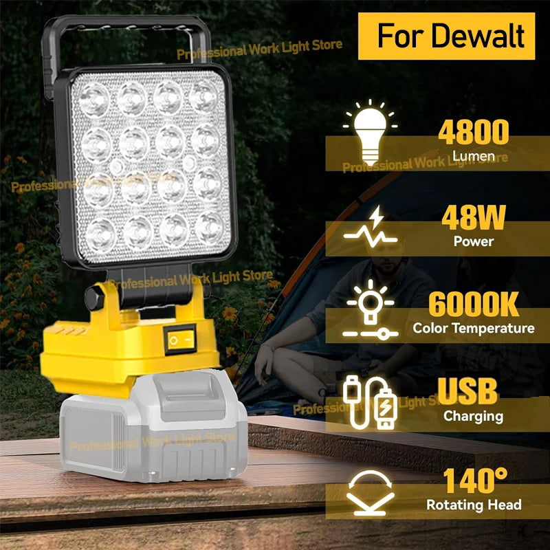 4-Inch LED Work Light for Dewalt 20V Battery – Portable Flashlight for Outdoor Camping, Hiking & Fishing with USB Interface