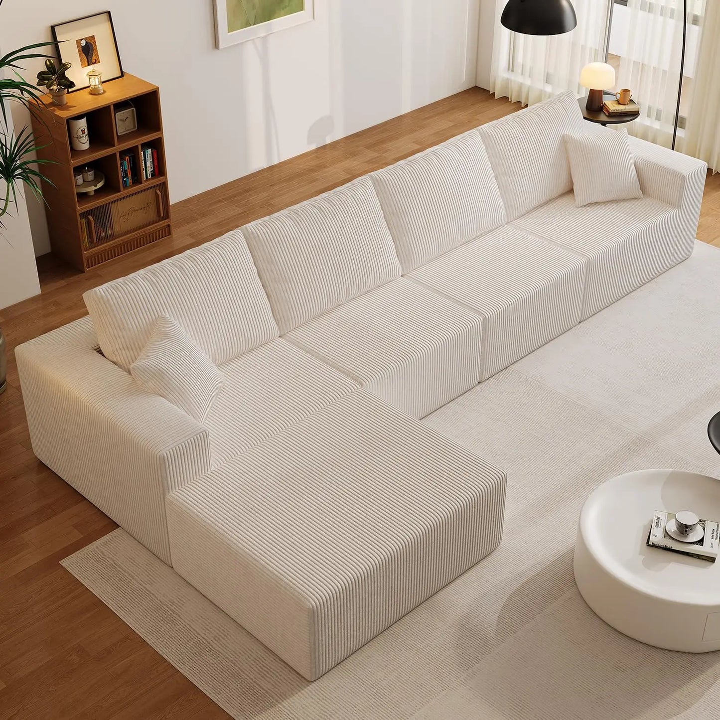 139" Cloud Sectional Sofa – Deep Seat Modular L-Shape Corduroy Couch, Frameless 4-Seater Living Room Sofa with Left Chaise (Black)