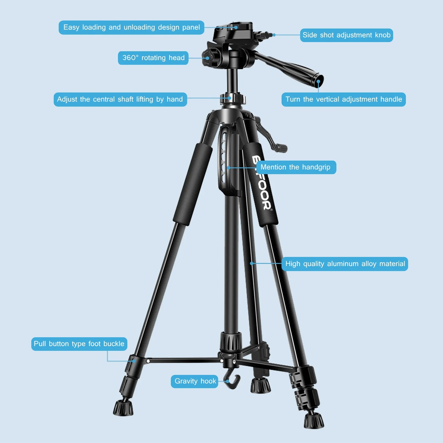 55" Aluminum Travel Tripod – 140CM Tall Stand with Quick Release Plate & Pan Head for Phone, Canon, Nikon, DSLR, SLR Cameras