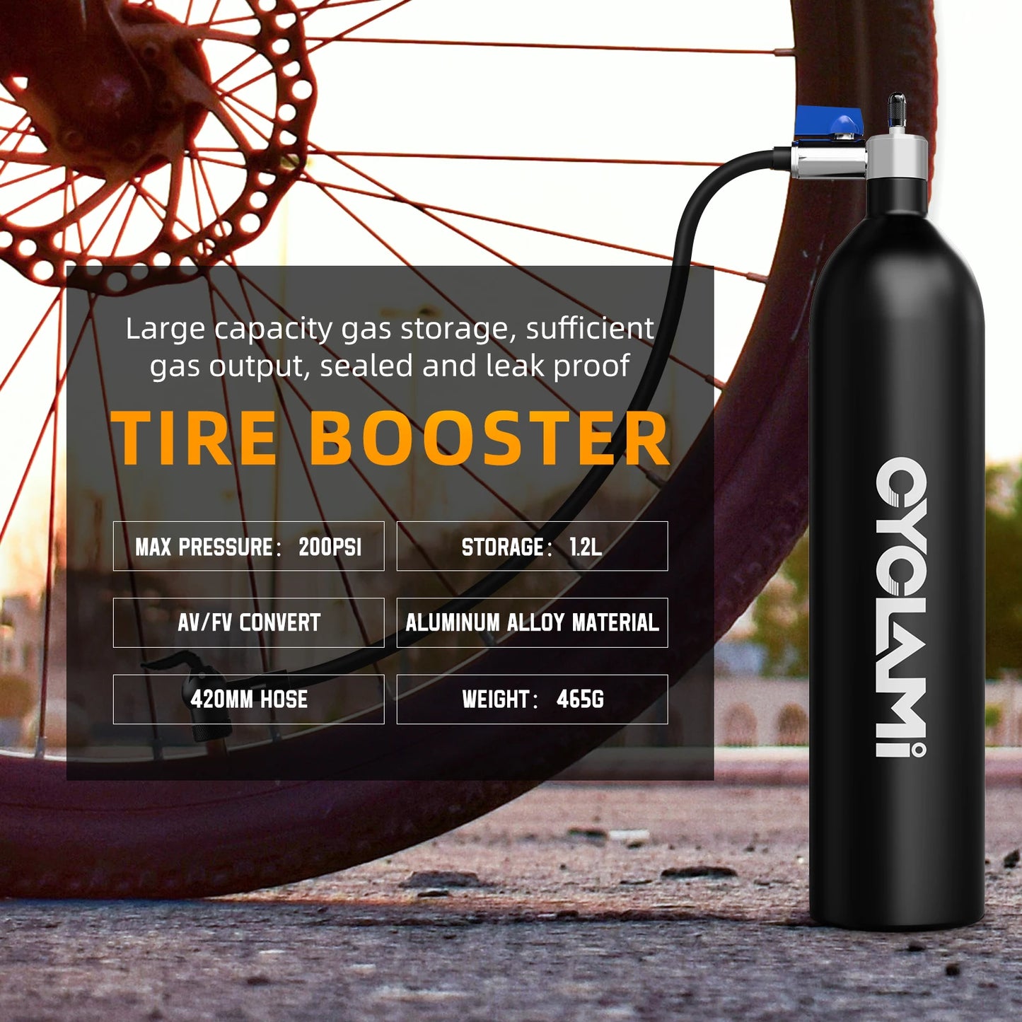 CYCLAMI 1.2L Aluminum Tire Booster – MTB & Road Bike Tubeless Inflator Air Bottle with Valve Cylinder