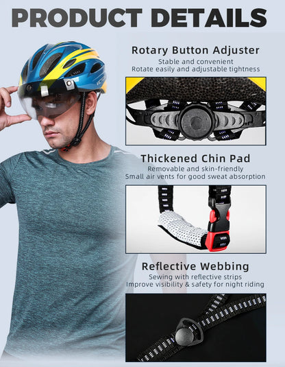 VICTGOAL Bicycle Helmet for Men - With Taillight, Magnetic Goggles, UV400 Lens & Sun Visor, MTB & Electric Scooter Bike Safety Helmet