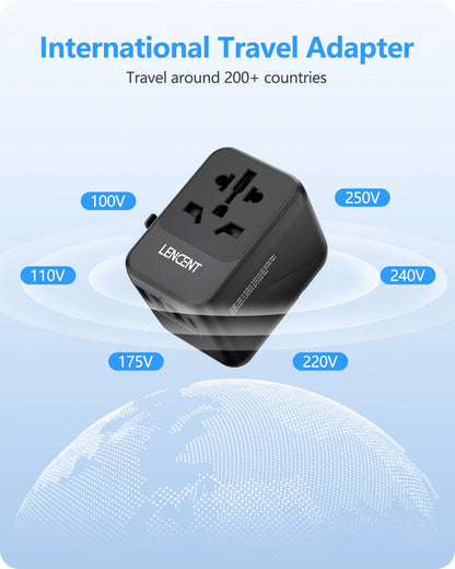 LENCENT Universal Travel Adapter with 3 USB Ports & Type-C PD Charging - EU/UK/USA/AUS Plug, All-in-One Travel Charger