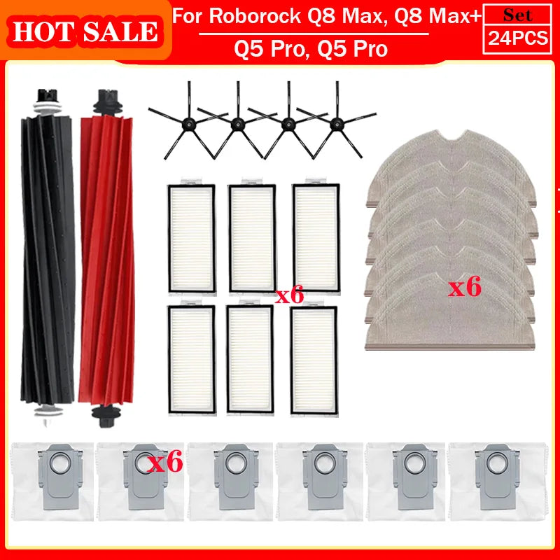 Roborock Q5 Pro & Q8 Max Replacement Parts – Main Brush, Side Brush, HEPA Filter, Mop & Dust Bag Accessories