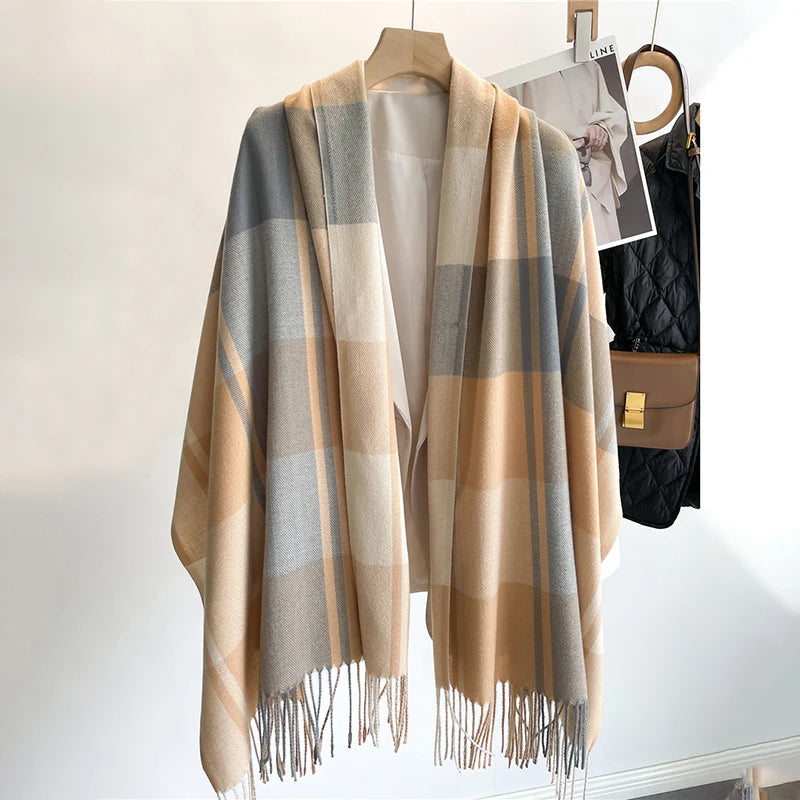 Warm Cashmere Blanket Scarf for Women - Fashionable Plaid Pashmina Shawl with Tassels, Thick Winter Wrap, Casual Poncho