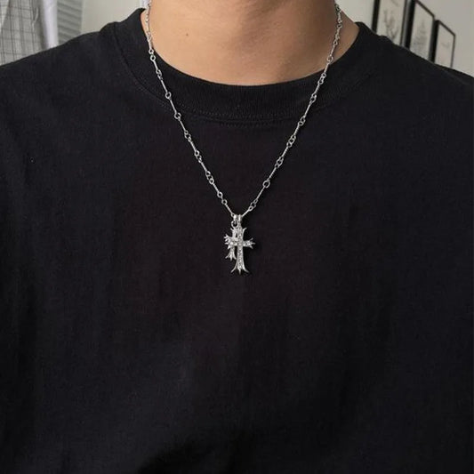 Aesthetic Vintage Double Cross Pendant Necklace - Silver Chain Choker for Men & Women, Grunge Goth Goblincore Jewelry
