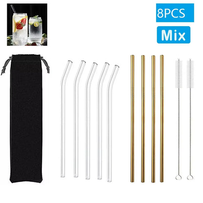 Eco-Friendly Reusable Glass & Metal Straws – 1/20PCS with Cleaning Brush for Smoothies, Milkshakes & Cocktails