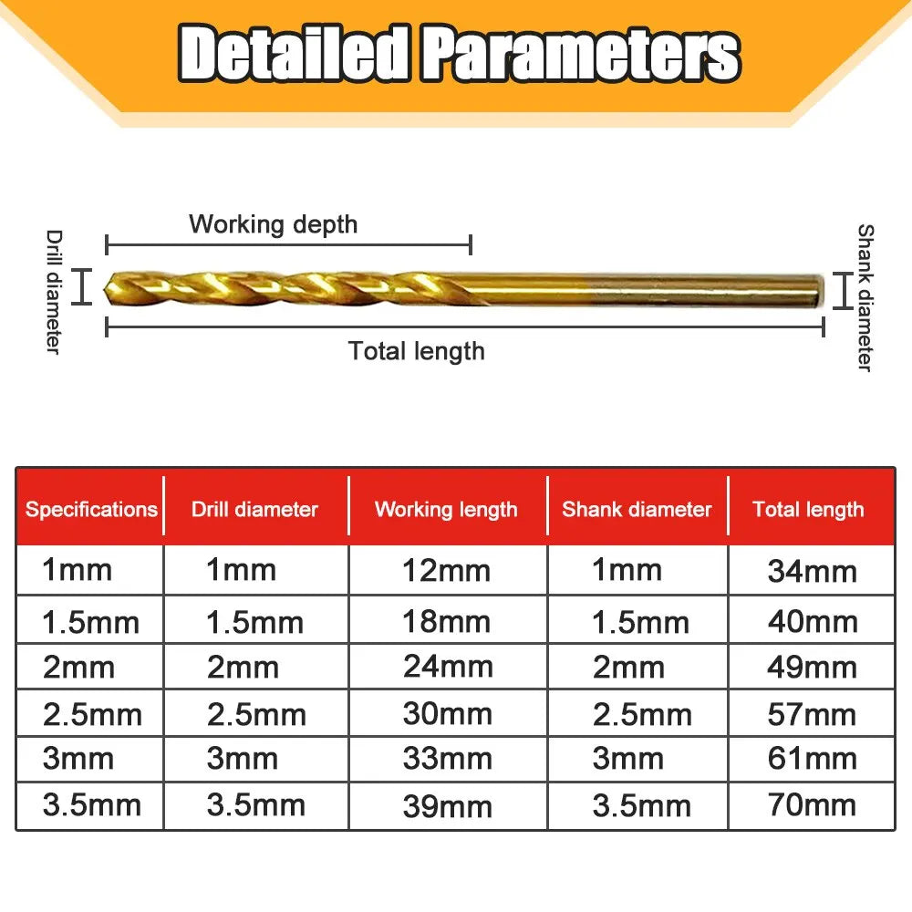 50pcs Titanium Coated Drill Bits Set - High Speed Steel Twist Bit Tool - High Quality Power Tools: 1mm, 1.5mm, 2mm, 2.5mm, 3mm