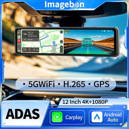Imagebon 12" 4K Car Mirror – Wireless CarPlay, Android Auto, ADAS, Rearview Camera, GPS, FM, Night Vision Video Recorder