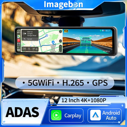 Imagebon 12" 4K Car Mirror – Wireless CarPlay, Android Auto, ADAS, Rearview Camera, GPS, FM, Night Vision Video Recorder