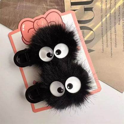 Black Fuzzy Hair Clip - Cute Big Eyes Design Hair Accessory for Women and Girls, Daily and Party Wear