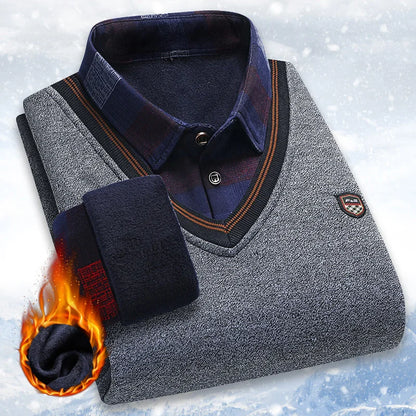 Men's Vintage Plaid Knit Sweater - Warm Fleece Polo Collar Winter Pullover