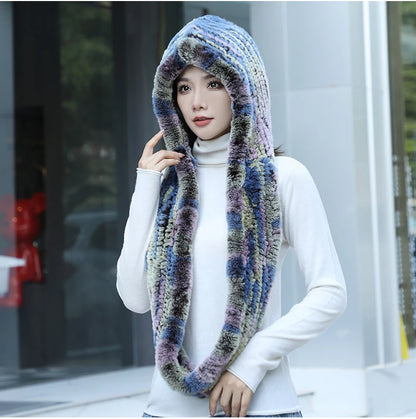 2025 Women’s Knitted Rex Rabbit Fur Hat – Hooded Scarf with Neck Collar, Long Winter Warm Fur Hat & Scarf Set