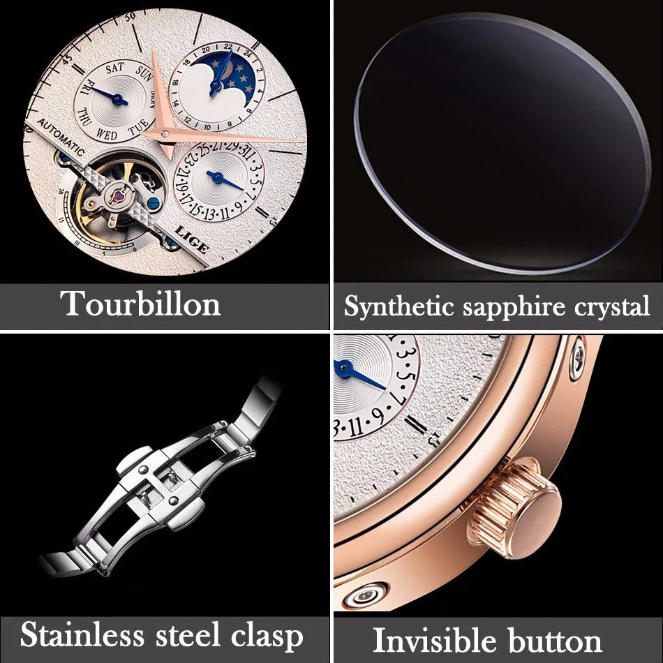LIGE Men's Automatic Mechanical Tourbillon Watch - Waterproof Genuine Leather Military Wristwatch