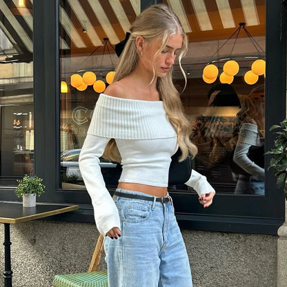 WhereMery Elegant Slash-Neck Ribbed Crop Top – Y2K Off-Shoulder Long Sleeve Camisole, Autumn Skinny French Style T-Shirt