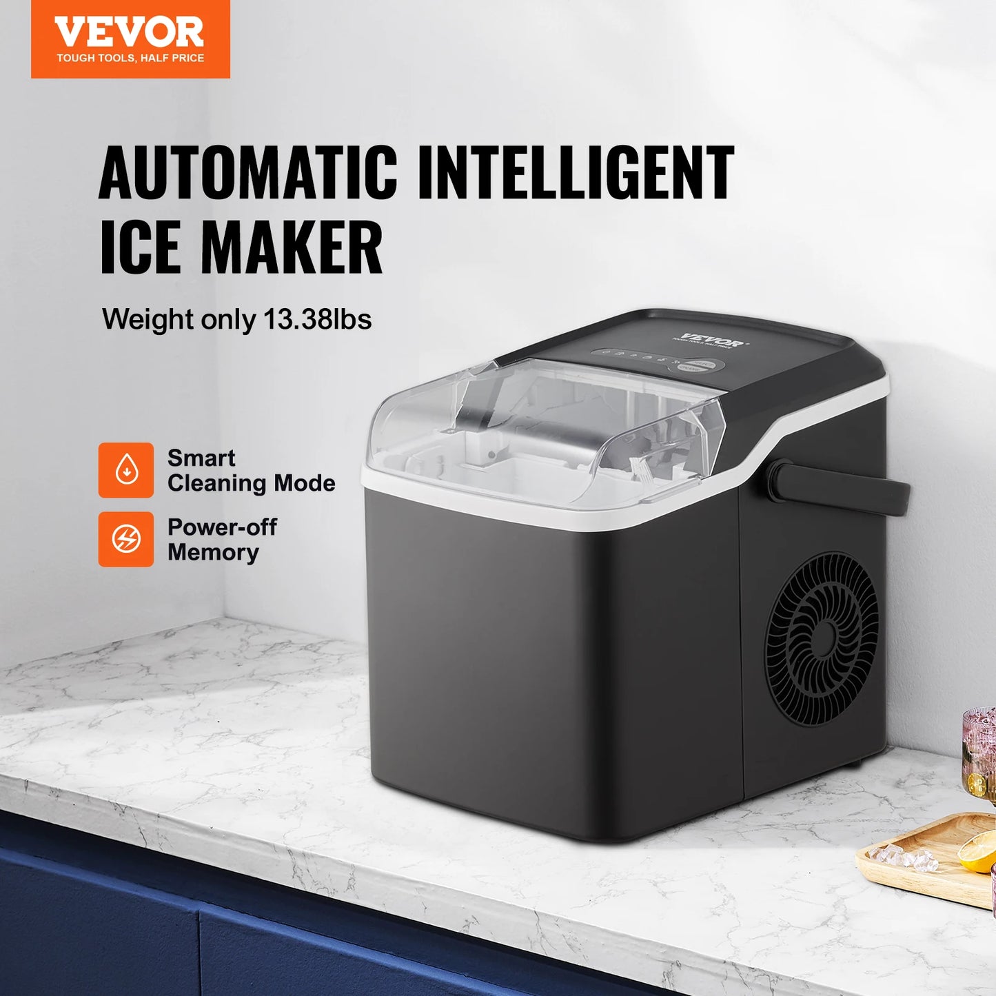 VEVOR Countertop Ice Maker - Self-Cleaning Portable Machine with Ice Scoop & Basket, 2 Sizes Bullet Ice