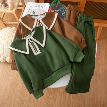 Children's Lapel Long Sleeve Top & Wide Leg Pants Set - 2-Piece Boutique Clothes for Girls, 3-7 Years