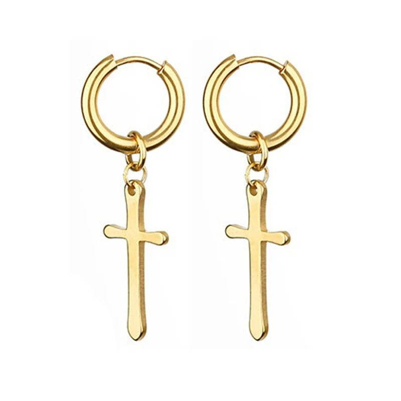 Gold Cross Huggie Hoop Earrings - Minimalist Dangle Charm Jewelry for Men & Women